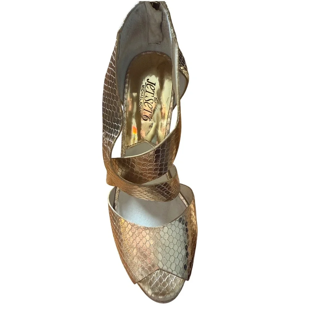 Michael Kors The Jet Set 6 Heels Women 7M Gold Snakeskin Stiletto Peep Toe